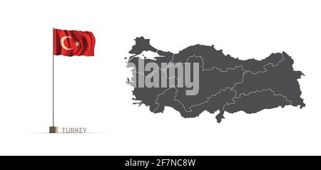 Turkey map. gray country map and flag 3d illustration vector. Stock Vector