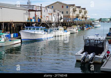 PORTLAND, ME -10 OCT 2020- View of lobster boats in the Portland harbor, Casco Bay, Maine, United States. Stock Photo
