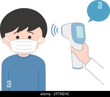 The boy wearing a mask is checked his temperature using an infrared forehead thermometer gun for coronavirus. Vector illustration isolated on white ba Stock Vector