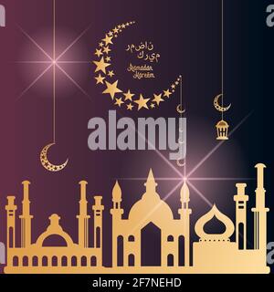 Golden arab mosque with other buildings. Ramadan Kareem poster - Vector illustration Stock Vector