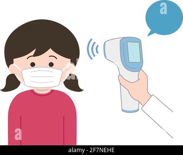 The girl wearing a mask is checked her temperature using a non-contact thermometer for coronavirus. Vector illustration isolated on white background. Stock Vector