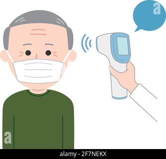 The elderly man wearing a mask is checked for his temperature using a non-contact thermometer for coronavirus. Stock Vector