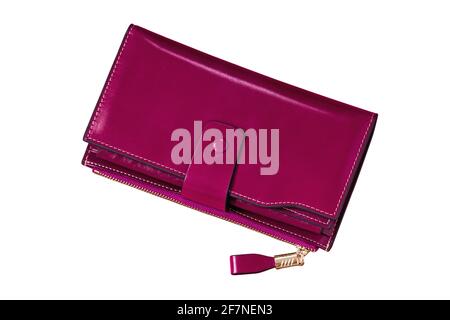 Women's leather wallet isolated - magenta pink closed large purse on white background Stock Photo