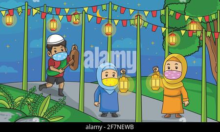 During the corona virus pandemic,muslim help another muslim to wake up for suhoor.Muslim ramadan month activity everyday.Using masker and health proto Stock Vector