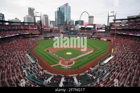 St. Louis, United States. 08th Apr, 2021. The Milwaukee Brewers and St. Louis Cardinals are lined up before the start of their baseball game at Busch Stadium in St. Louis on Thursday, April 8, 2021. Photo by Bill Greenblatt/UPI Credit: UPI/Alamy Live News Stock Photo