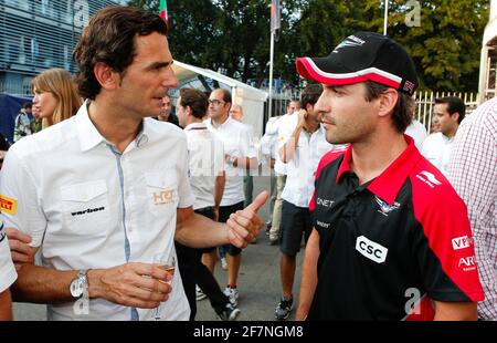 Monza, Italy - September 09, 2012: FIA Formula 1 World Championship at Autodromo Nazionale di Monza with Pedro de La Rosa and Adrian Sutil (r). HRT and Marussia F1 Team. Paddock, Fahrerlager | usage worldwide Stock Photo