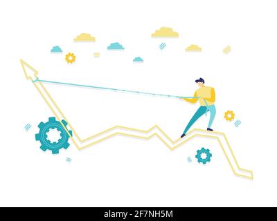 Flat illustration of a businessman pulling arrow with rope and making it raise up. Beautiful blue and yellow illustration. Finance concept. Stock Vector