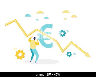 Flat illustration of a businessman seeing a downward graph arrow. Concept of economic crisis and euro inflation. Simple flat illustration. Stock Vector