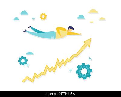 Flat illustration of a businessman flying over a yellow arrow. Simple flat illustration with blue and yellow. Business and finance concepts. Stock Vector