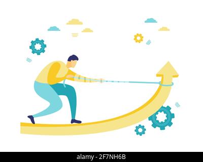 Flat illustration of a businessman turns the arrow graphic upwards. Simple flat illustration with blue and yellow. Business and finance concepts. Stock Vector