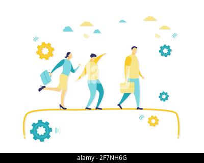 Flat illustration of business people walking on tight rope. Simple flat illustration with blue and yellow. Business and finance concepts. Stock Vector