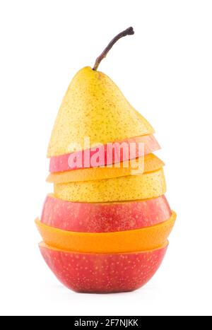 flying slices of fruit: apple, pear, orange on white background Stock Photo