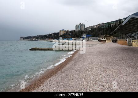 View of Gurzuf beach in spring, Crimea Stock Photo