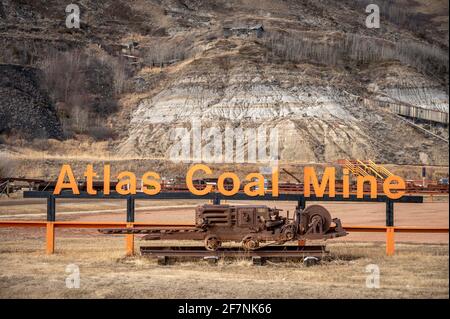 Drumheller, Alberta - March 27, 2021: Signs for the Atlas Coal Mine national historic site in the Alberta badlands. Stock Photo