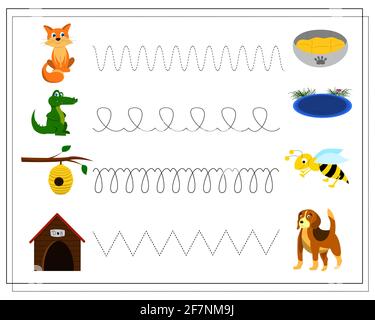 Handwriting practice game for kids. Draw the line, determine who lives where. Cat crocodile bee dog. Stock Vector