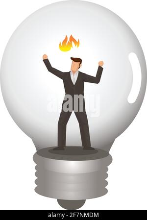 Businessman trapped inside of light bulb. Concept of no creative idea in corporate world. Flat vector illustration. Stock Vector