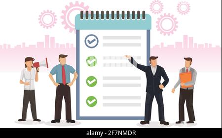 Business team with a task list board. Concept of planning, task agenda, schedule, teamwork and startup. Flat cartoon character vector illustration iso Stock Vector