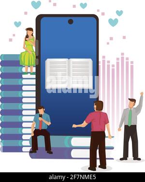 People  with smartphone with digital book. Concept of media book library, E-book, reading an ebook, E-learning online or archive of books. Flat charac Stock Vector