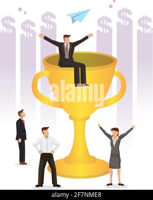 Businessman on top of the trophy. Concept of business success, awards, success projects, goal, winning plan or winning competition. Flat vector illust Stock Vector