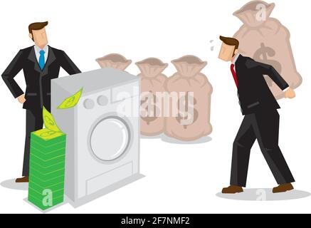 Businessman order his employee to carry his money into a washing machine. Concept of dirty money, laundering of money. Vector illustration. Stock Vector