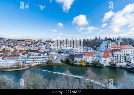 city of steyr, panoramic view from castle schloss lamberg on a snowy day in april Stock Photo