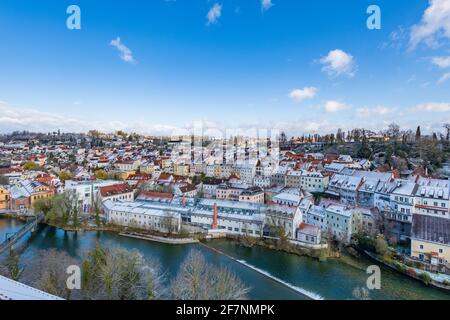 city of steyr, panoramic view from castle schloss lamberg on a snowy day in april Stock Photo