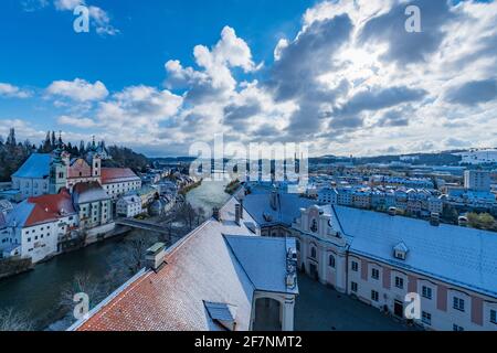 city of steyr, panoramic view from castle schloss lamberg on a snowy day in april Stock Photo