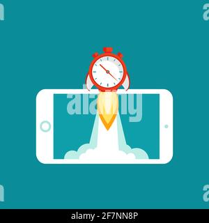 smartphone with red stopwatch rocket ship on the screen. Fast time stop watch, limited offer, deadline symbol. Vector illustration on blue. Time to wo Stock Vector