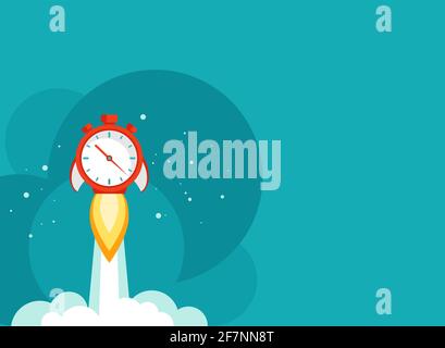 horizontal background with red stopwatch rocket ship with fire, clouds and stars. Fast time stop watch, limited offer, deadline symbol. Vector illustr Stock Vector