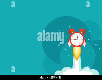 horizontal background with red alarm clock rocket ship with cosmos stars and clouds. time, watch, limited offer, deadline symbol. Vector illustration Stock Vector