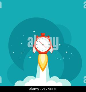 red stopwatch rocket ship with fire, clouds and stars. Fast time stop watch, limited offer, deadline symbol. Vector illustration on blue. Time to work Stock Vector