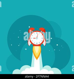 horizontal background with red alarm clock rocket ship with cosmos stars and clouds. time, watch, limited offer, deadline symbol. Vector illustration Stock Vector