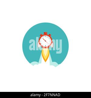 red stopwatch rocket ship with fire and clouds in blue circle. Fast time stop watch, limited offer, deadline symbol. Vector illustration on white. Tim Stock Vector