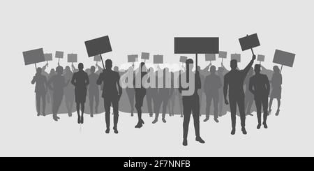 silhouette of protesters crowd holding protest posters men women with blank vote placards demonstration speech political freedom concept horizontal Stock Vector