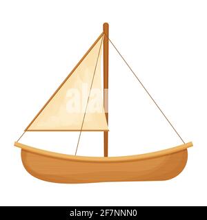 Sail boat with sails in cartoon style on isolated on white background. Sailboat and water waves. Traditional island canoe. Textured and detailed. Vector illustration Stock Vector