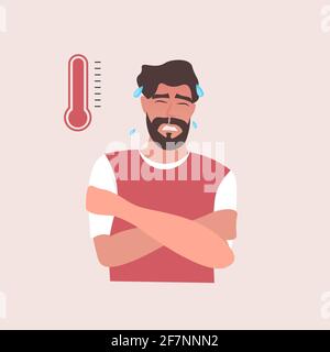 man in sweat catching cold guy having high temperature influenza infection symptoms flu sickness portrait Stock Vector