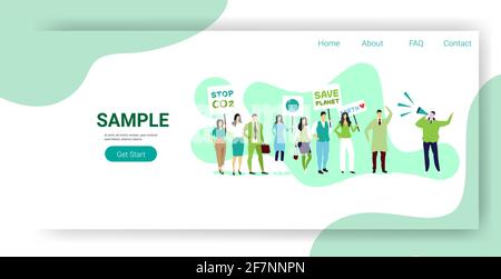 environmental activists holding posters go green save planet strike concept protesters campaigning to protect earth demonstrating against global Stock Vector