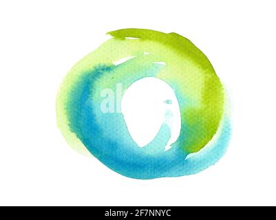 green-blue abstract circle background. Watercolor hand painting on white background. Grunge design element for poster, flyer, name card. Stock Photo