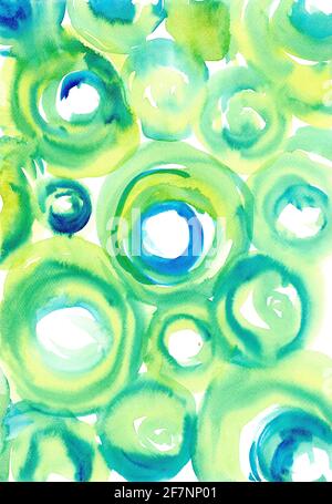 green-blue abstract circle background. Watercolor hand painting on white background. Grunge design element for poster, flyer, name card. Stock Photo