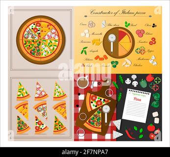 A set of flat slices of pizza. Vector illustration of assorted pizza. Cut pieces of an Italian dish with tomatoes, chicken, salami, salmon, cheese, pe Stock Vector