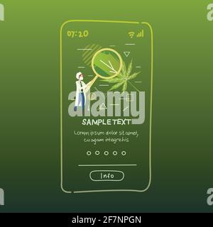 male researcher using magnifier for checking marijuana leaf healthcare pharmacy medical cannabis concept smartphone screen mobile app full length copy Stock Vector