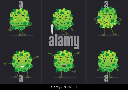 set cute smiling cannabis weed bud cartoon character standing in different poses medical marijuana drug consumption concept horizontal flat Stock Vector