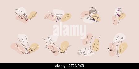 Female hands and feet. Manicure and pedicure concept. Vector Illustration in trendy outline style. Design element for web icons, nail art studio or Stock Vector