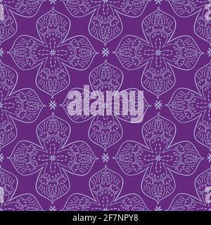 Stylized lacy contoured floral four pointed shape nature inspired motif with geometric execution in neutral greyish blue tone on purple. Web/print use Stock Vector
