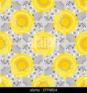 Yellow and gray shades circles, dots, abstract shapes with white texture. Warming uplifting color combination is sunny and friendly. For web/print use Stock Vector