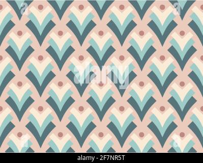 V-shapes with dots art deco in pastel hues seamless pattern in earth-toned hues for printed paper designs, branding, packaging, furniture, interiors. Stock Vector