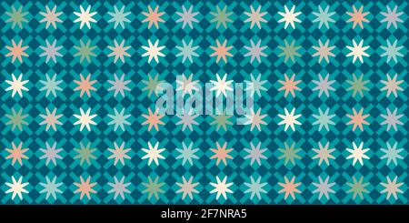 Floral geometry on teal with dark blue rhombuses patchwork seamless vector pattern for branding, packaging, furniture, interior objects surfaces, web. Stock Vector
