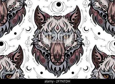 Seamless pattern with colorful wolf head and sacred symbols. Predator portrait in front with boho pattern. Tribal multicolor texture for fabrics and w Stock Vector