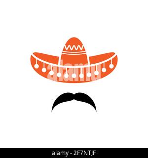 Sombrero, Mexican hat with mustache black icon. Flat logo isolated on white. vector illustration. Cinco De Mayo symbol. Mexico symbol. Stock Vector