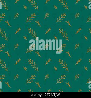 Seamless pattern with colorful diagonal contours doodle herbs and leaves on green background.Spring floral multicolor texture. Simple natural wallpape Stock Vector